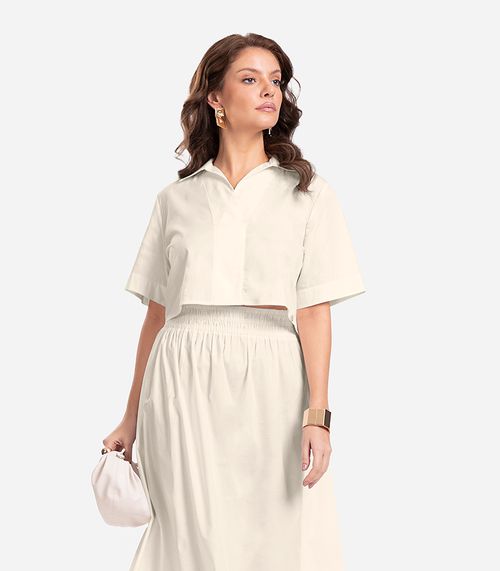 Camisa Feminina Cropped Box Em Popeline Endless Bege
