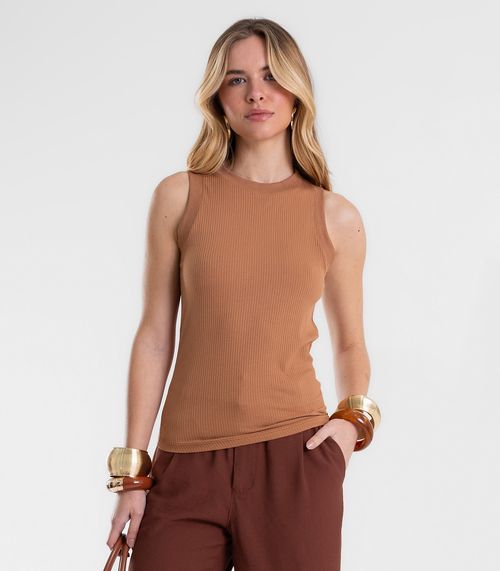 Regata Canelada Feminina Ribana De Viscose Endless Marrom