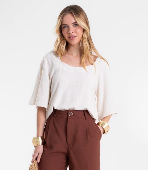 Blusa Feminina Manga Ampla Em Tecido Linho Endless Bege