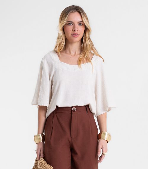 Blusa Feminina Manga Ampla Em Tecido Linho Endless Bege