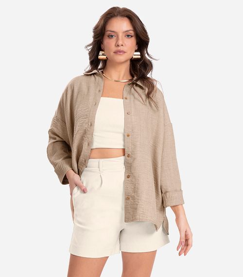 Camisa Feminina Ampla Listrada Manga Longa Endless Marrom