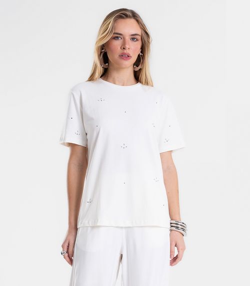 T-Shirt Feminina Cotton Com Aplicações Endless Bege