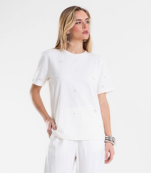 T-Shirt Feminina Cotton Com Aplicações Endless Bege