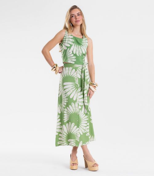 Saia Feminina Midi Evasê Linho Estampada Endless Verde