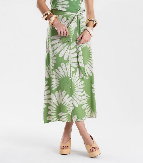 Saia Feminina Midi Evasê Linho Estampada Endless Verde