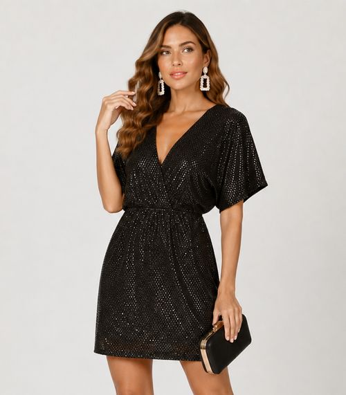 Vestido Curto Feminino Em Malha Lantejoula Endless Preto